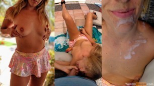 incredibly cute petite MILF fucked + cum sprayed at the pool